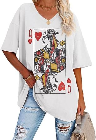 Womens Oversized Queen Of Hearts Graphic T Shirts Casual V Neck Half Sleeve Summer Loose Tees Tunic Tops at Amazon Women’s Clothing store