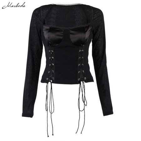 Macheda Women Sexy Long Sleeve T shirt Casual Solid Lace Up Skinny Crop Tops Square Collar Cropped Tops Streetwear 2019 New-in T-Shirts from Women's Clothing on Aliexpress.com | Alibaba Group