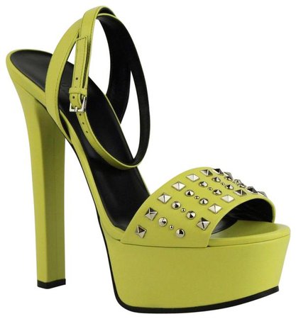 *clipped by @luci-her* Gucci Neon Yellow Leather Heel with Silver Studs It 38/Us 8 374523 7209 Platforms Size EU 38 (Approx. US 8) Regular (M, B) - Tradesy