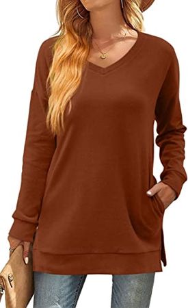 Aloodor Sweatshirt for Women Long Sleeve V-Neck Sweater Side Split Hem Casual Tunic Tops at Amazon Women’s Clothing store