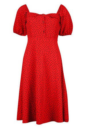 Polka Dot Button Fron Midi Dress | Boohoo red