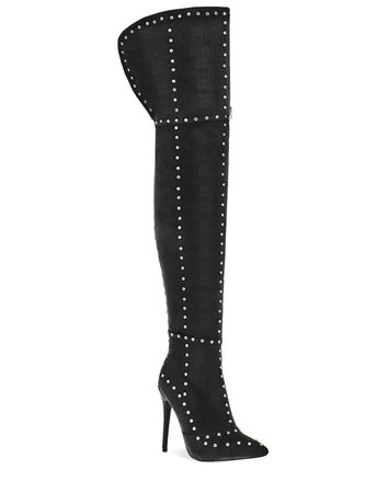 Rumours Black Faux Suede Diamante Studded Thigh High Boots