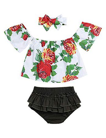 Amazon.com: Toddler Baby Girls Clothes Lace Off Shoulder Short Sleeve Tops+Stripe Shorts +Bow Headband Summer Outfits Set: Clothing