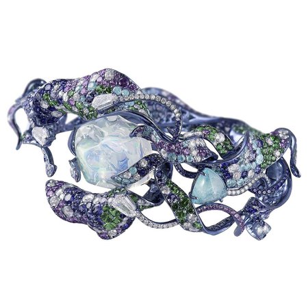 Neha Dani Diamond, Water Opal, Tourmaline and Tsavorite "Vruta" Cuff Bracelet For Sale at 1stDibs