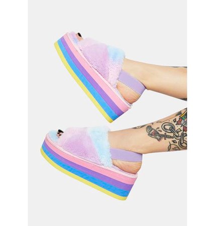 Rainbow Fuzzy Faux Fur Platform Sandals - Pastel | Dolls Kill