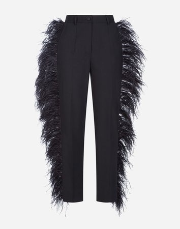 Women's Trousers and Leggings | Dolce&Gabbana - WOOL PANTS WITH FEATHERS
