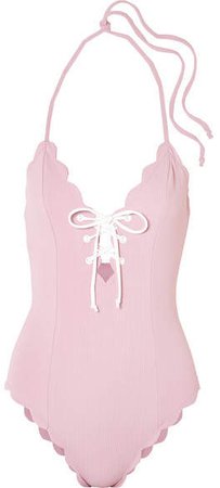 Broadway Lace-up Scalloped Halterneck Swimsuit - Pastel pink