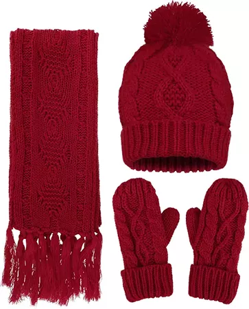 Hat Gloves Scarf Set Women 3 in 1 Soft Warm Thick Cable Hat Scarf & Gloves Winter Set, Red at Amazon Women’s Clothing store