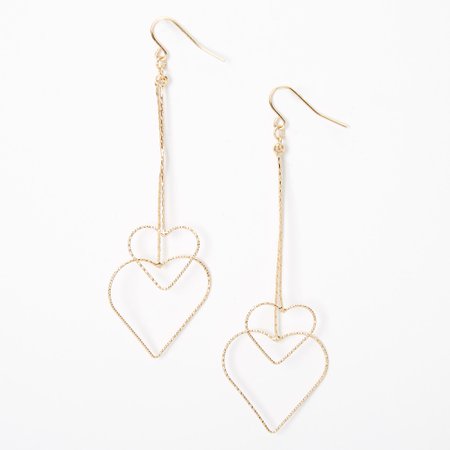 Gold 3.5" Double Textured Heart Drop Earrings | Claire's US