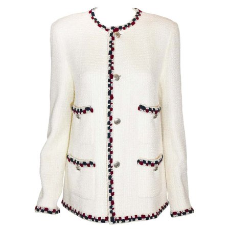 Chanel Ivory Tweed Jacket with Crochet Red and Blue Yarn Trim For Sale at 1stdibs