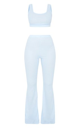 Blue Soft Rib Bralette And Flared Trouser Pj Set | PrettyLittleThing