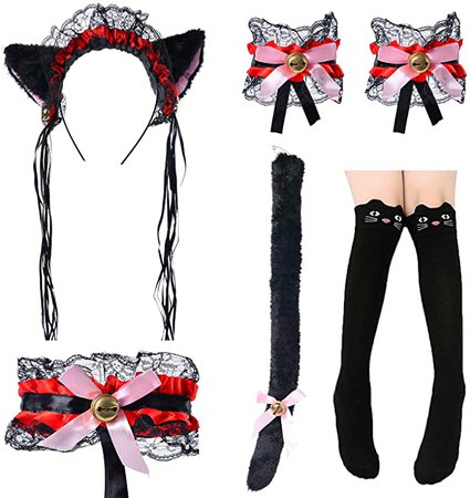 Amazon.com: Cute Cat Cosplay Costume anime maid lolita Ears Headband Collar Bracelet Kitten Tail Socks Set(Black and Red): Clothing