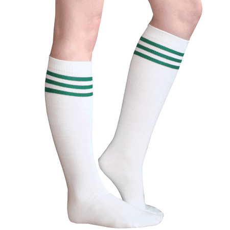 White Tube Knee Socks with Green Stripes