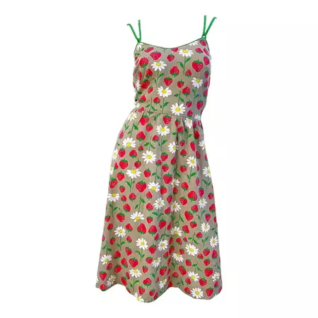 1970s Strawberry and Daisy Novelty Print Khaki Vintage 70s Cotton Sun Dress For Sale at 1stDibs | 1970s sun dress, sun aesthetic outfit, vintage strawberry dress
