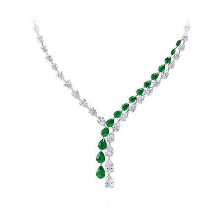 Classic Graff Pear Shape Cross-over Necklace Emerald and diamond