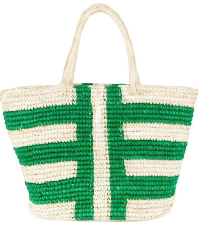 green and white straw tote