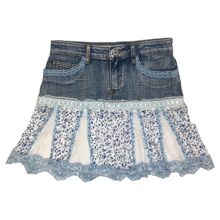 denim pleated skirt with a baby blue ditzy floral bottom