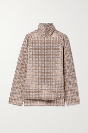 Checked Stretch-ponte Turtleneck Top - Brown