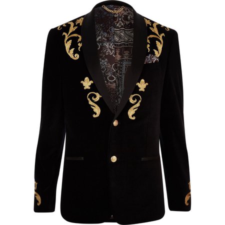 Black and gold embroidered skinny fit blazer - Blazers - men