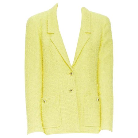 CHANEL 97C vintage baby yellow boucle tweed classic tailor blazer jacket FR40 For Sale at 1stdibs