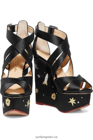 Charlotte Olympia Space Age embellished satin wedge sandals Black Wome
