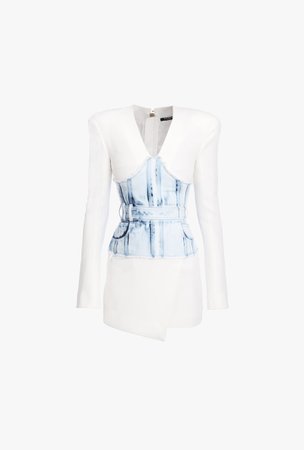 Short Blue And White Denim And Crepe Dress for Women - Balmain.com