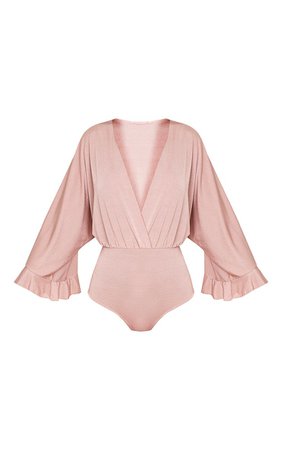 Taelyn Dusty Pink Slinky Shimmer Plunge Wide Sleeve Thong Bodysuit | PrettyLittleThing