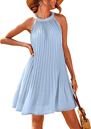 PRETTYGARDEN Women's Cute Halter Neck Sleeveless Mini Dress Solid Color Flowy Pleated Beach Dress Sundress at Amazon Women’s Clothing store