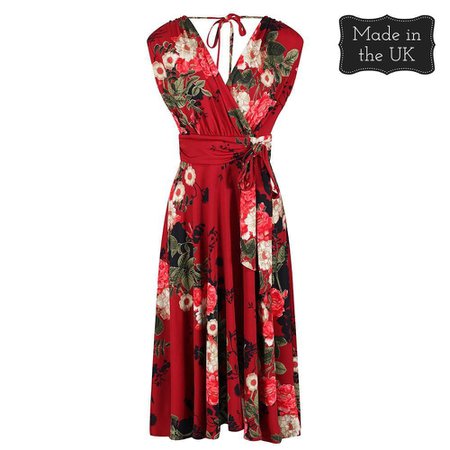 Red Floral Print V Neck Crossover Wrap Top Empire Waist Swing Dress - Pretty Kitty Fashion