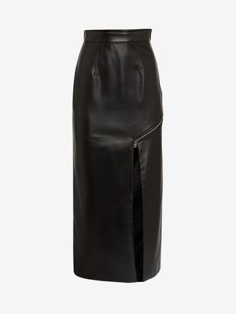 Leather Zip Slash Pencil Skirt in Black | Alexander McQueen GB