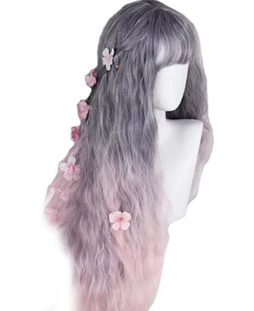 Women Girls Medium Size Harajuku Light Blue Mixed Pink Sweet Lolita Wig Super Natural Club Bob Costume Party Daily Hair with Wig Cap