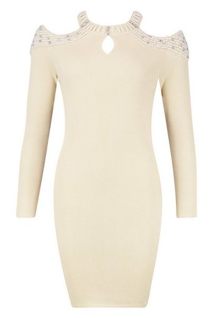 Pearl Embellished Jumper Dress | Boohoo beige