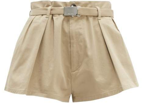 Pleated High Cut Cotton Blend Twill Shorts - Womens - Beige