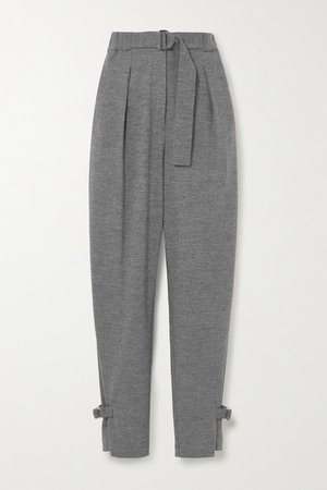 Belted Pleated Melange Wool Tapered Pants - Gray