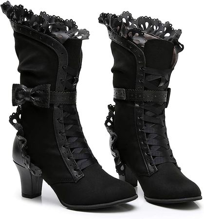 Amazon.com | Lorie & Knight Women's Faux Suede Lace Up Wedding Victorian Inspired Mid-Calf Boots 7 Black | Mid-Calf