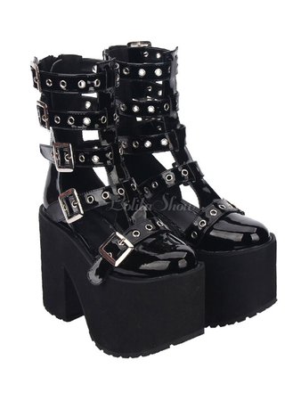 *clipped by @luci-her* Gothic Lolita Sandal Grommet Buckle Platform Glazed PU Black Lolita Shoes - Lolitashow.com