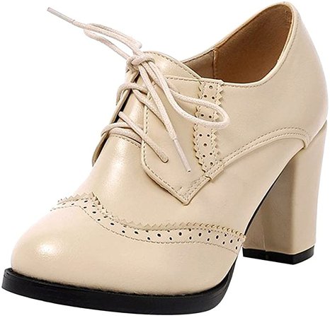 Amazon.com | Dear Time Block Heels Wingtip Oxfords Vintage PU Leather Brogue Shoes Woman US 4.5 Beige | Oxfords