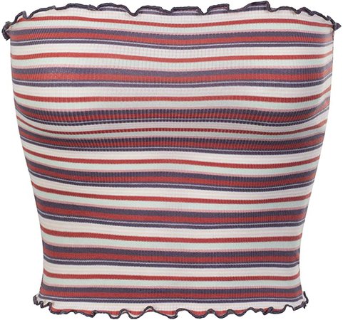 MixMatchy Women's Striped Print Ruffled Edge Ribbed Knit Crop Tube Top at Amazon Women’s Clothing store