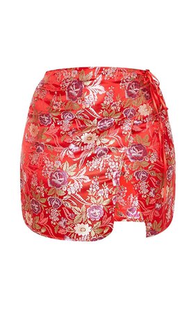 Red Oriental Wrap Detail Mini Skirt | PrettyLittleThing