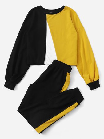 Colorblock Pullover and Contrast Sideseam Sweatpants Set | SHEIN
