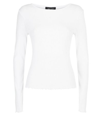 White Ribbed Frill Trim Long Sleeve T-Shirt | New Look