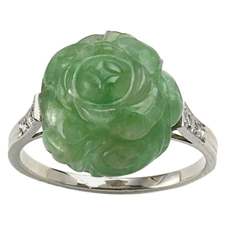 Art Deco Rose Carved Jadeite Jade and Diamond Ring