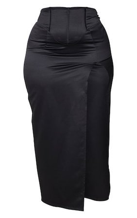Plus Black Satin Corset Waist Split Midaxi Skirt | PrettyLittleThing USA
