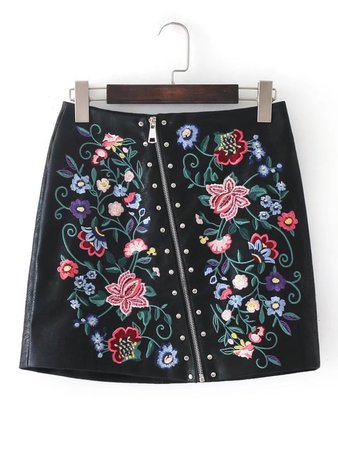Oblique Zip Studded Detail Embroidered Skirt