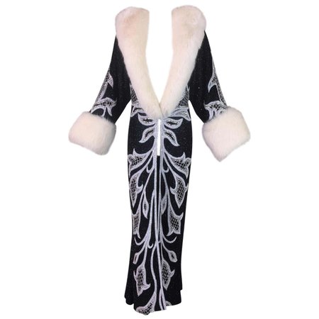 Vintage 1980's does 1920's Flapper Plunging Beaded Gown Dress Coat w Fox Fur For Sale at 1stDibs