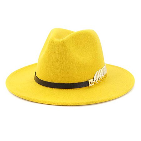 HUDANHUWEI Women's Wide Brim Fedora Panama Hat with Metal Belt Buckle (Yellow) at Amazon Women’s Clothing store