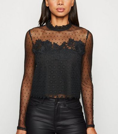 Black Mesh and Lace Long Sleeve Top | New Look