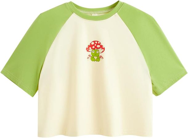 SweatyRocks Women's Cactus Print Crop Top Summer Short Sleeve Graphic T-Shirts Green Beige L at Amazon Women’s Clothing store