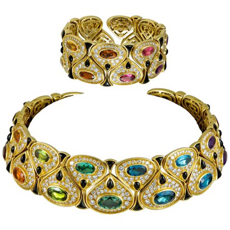 Marina B. Diamond, Multi-Color Precious Stones Choker Necklace and Bracelet For Sale at 1stDibs