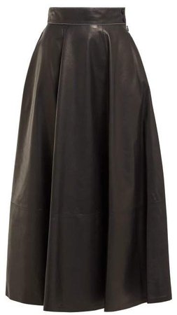High Rise Leather Midi Skirt - Womens - Black